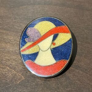 Lee Sands Lady with Hat in Oval Mosaic Inlay Vintage Brooch Pin